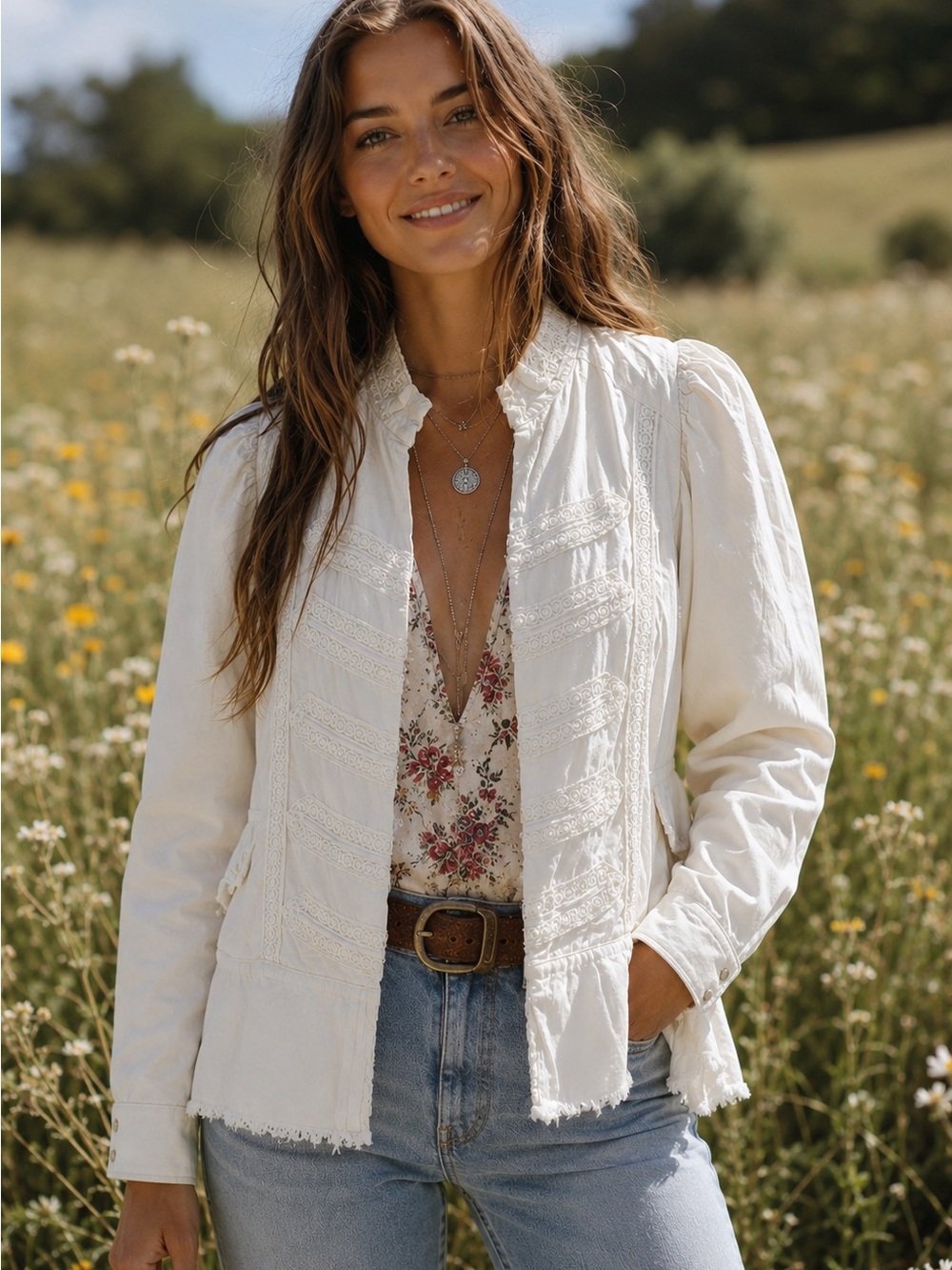 FREE PEOPLE Boho Viscose Blend White Embroidered Peplum Jacket Size XS